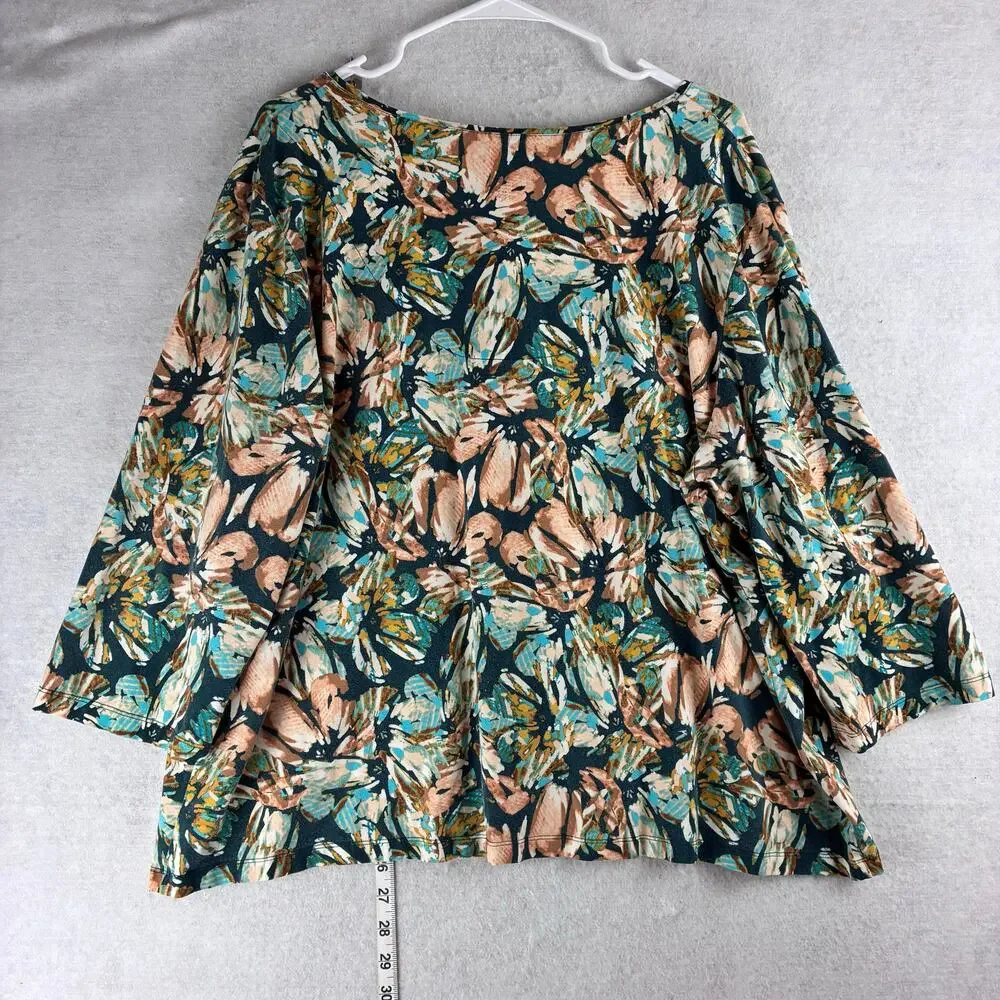 Ruby Rd. 3/4 Sleeve Tunic Top Womens 3X Magnolia Print Peach Teal Mature Comfort